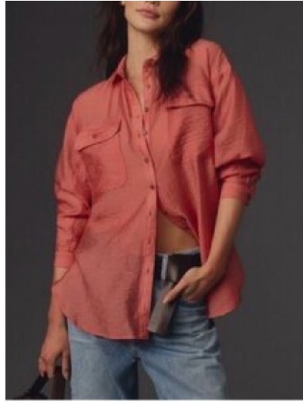 Anthropologie M Classic Preppy Cozy Light Button Down Coral Pink Textured Top